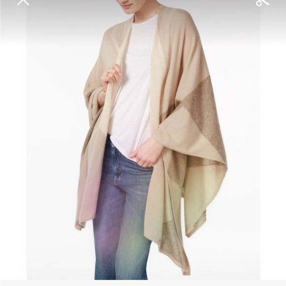 Cashmere charter club luxury wrap sweater cardigan neutral plaid color block - Picture 4 of 5